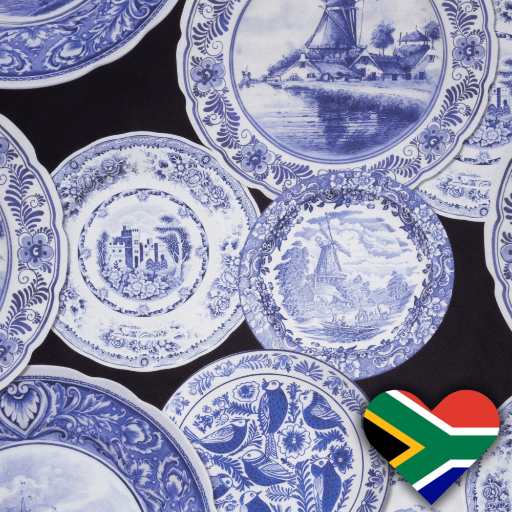 Eco Fabric Blue Plates on Black 2090 - Ragland Fabrics