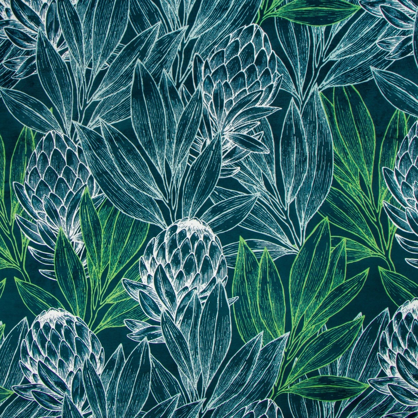 Printed Velvet Protea Forest Teal 140cm - Ragland Fabrics