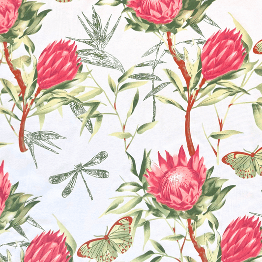 Printed Poly Cotton Protea White 115cm - Ragland Fabrics