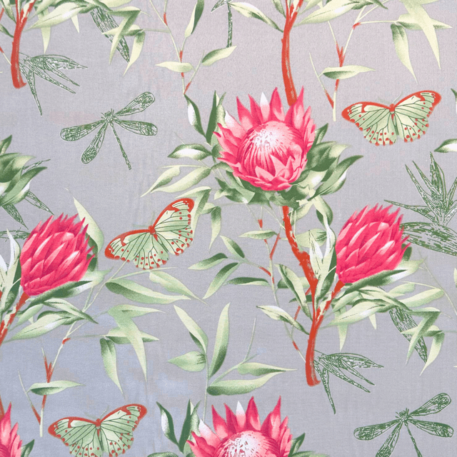 Printed Poly Cotton Protea Grey 115cm - Ragland Fabrics