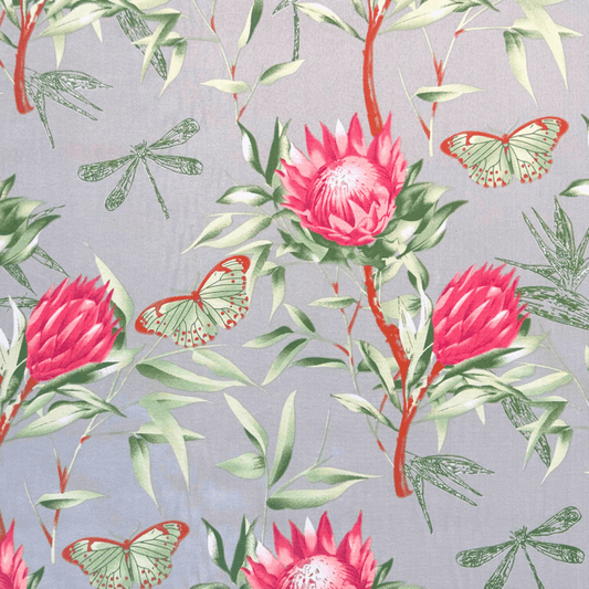 Printed Poly Cotton Protea Grey 115cm - Ragland Fabrics