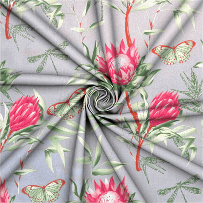 Printed Poly Cotton Protea Grey 115cm - Ragland Fabrics