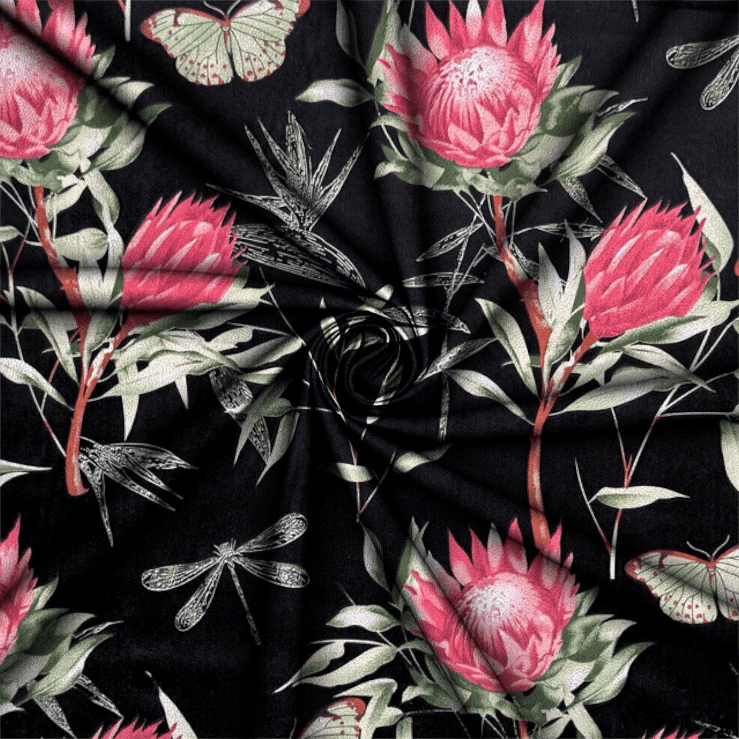 Printed Poly Cotton Protea Black 115cm - Ragland Fabrics