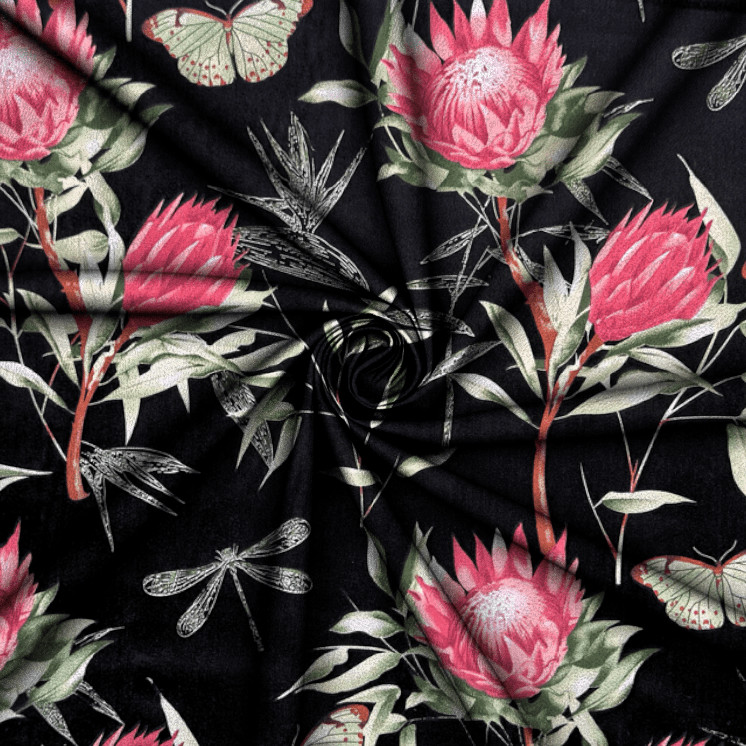 Printed Poly Cotton Protea Black 115cm - Ragland Fabrics