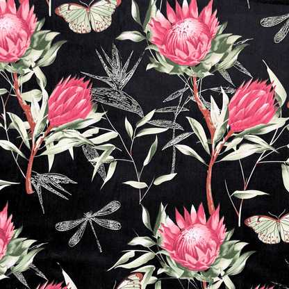 Printed Poly Cotton Protea Black 115cm - Ragland Fabrics