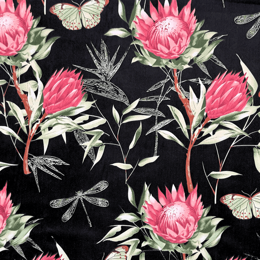 Printed Poly Cotton Protea Black 115cm - Ragland Fabrics