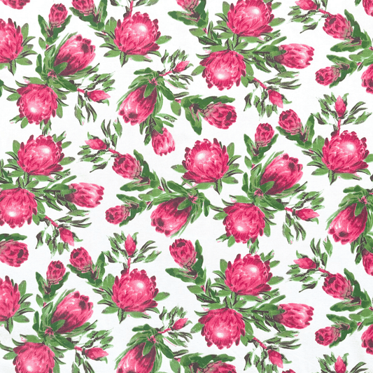 Printed Poly Cotton Protea Power White - Ragland Fabrics