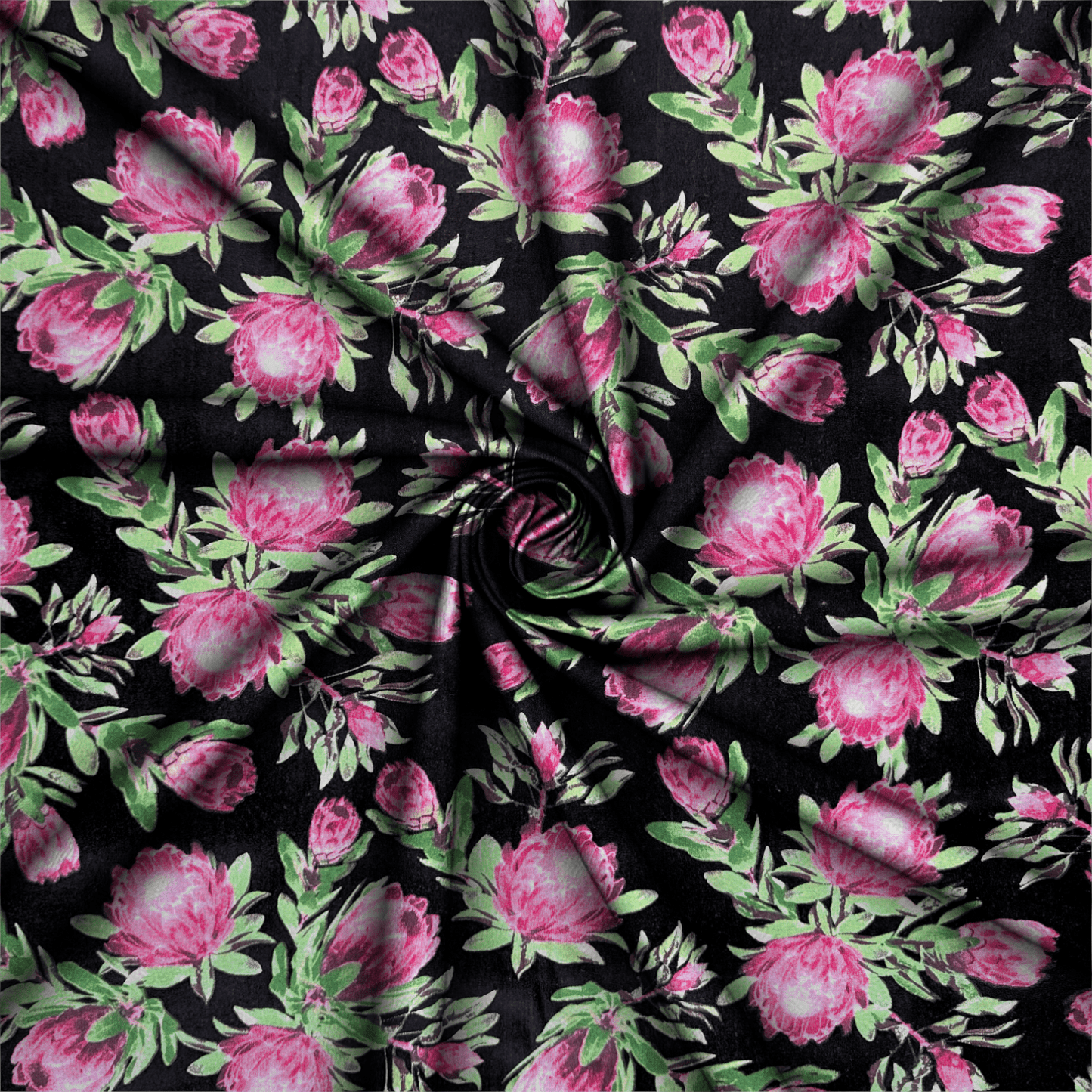 Printed Poly Cotton Protea Power Black - Ragland Fabrics