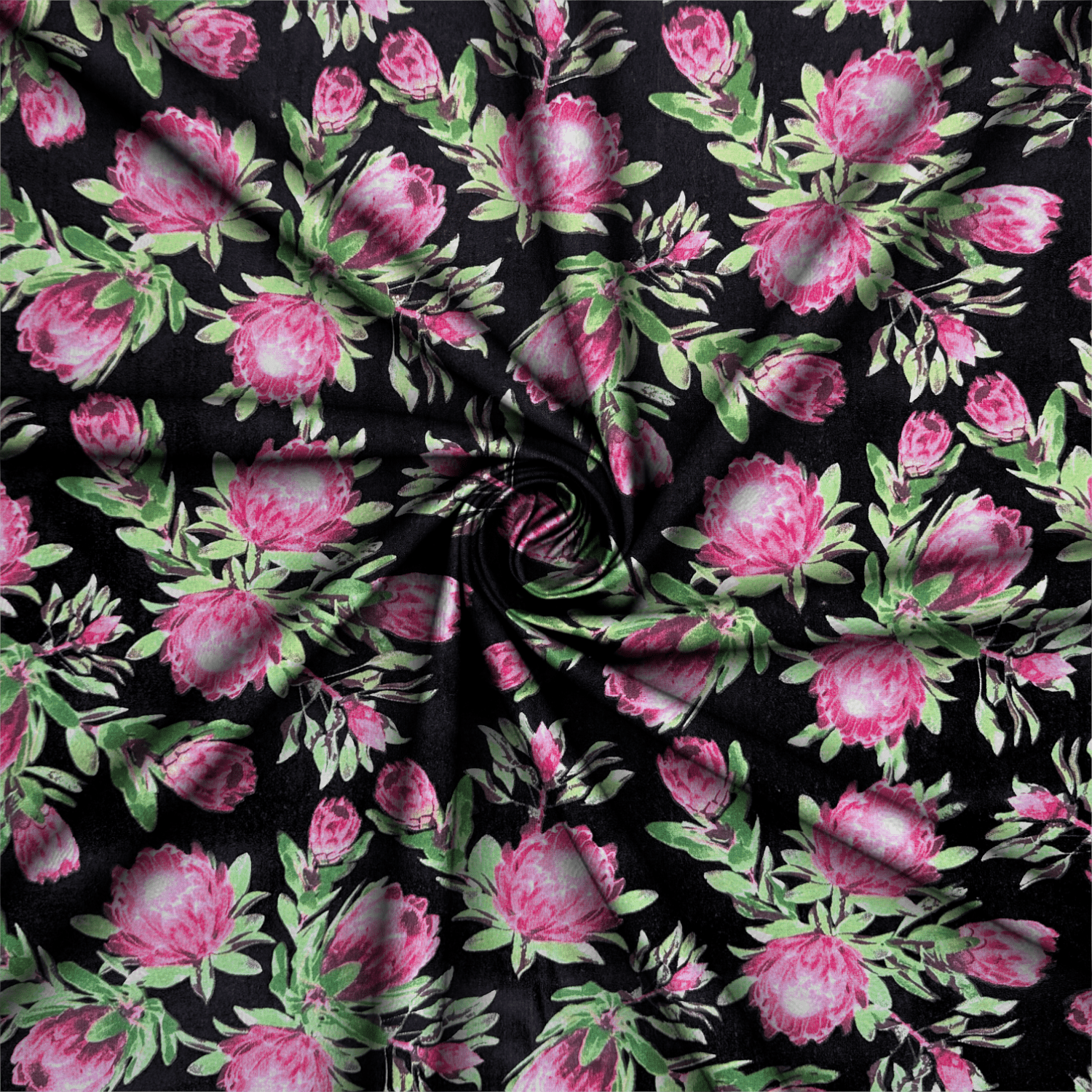 Printed Poly Cotton Protea Power Black - Ragland Fabrics