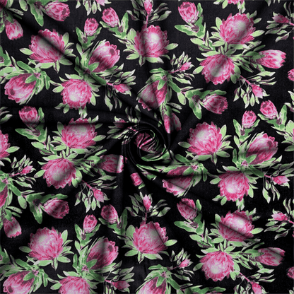 Printed Poly Cotton Protea Power Black - Ragland Fabrics