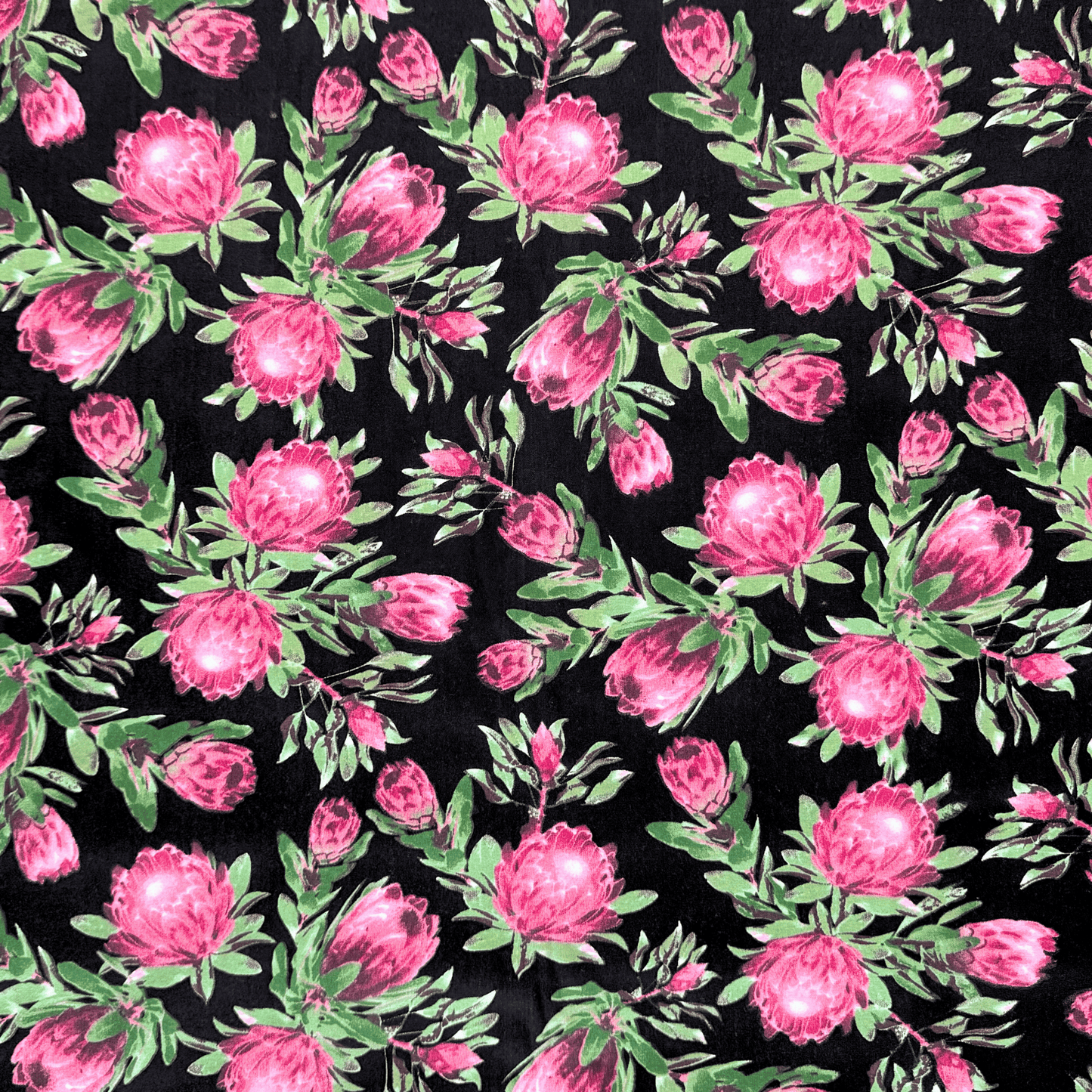 Printed Poly Cotton Protea Power Black - Ragland Fabrics