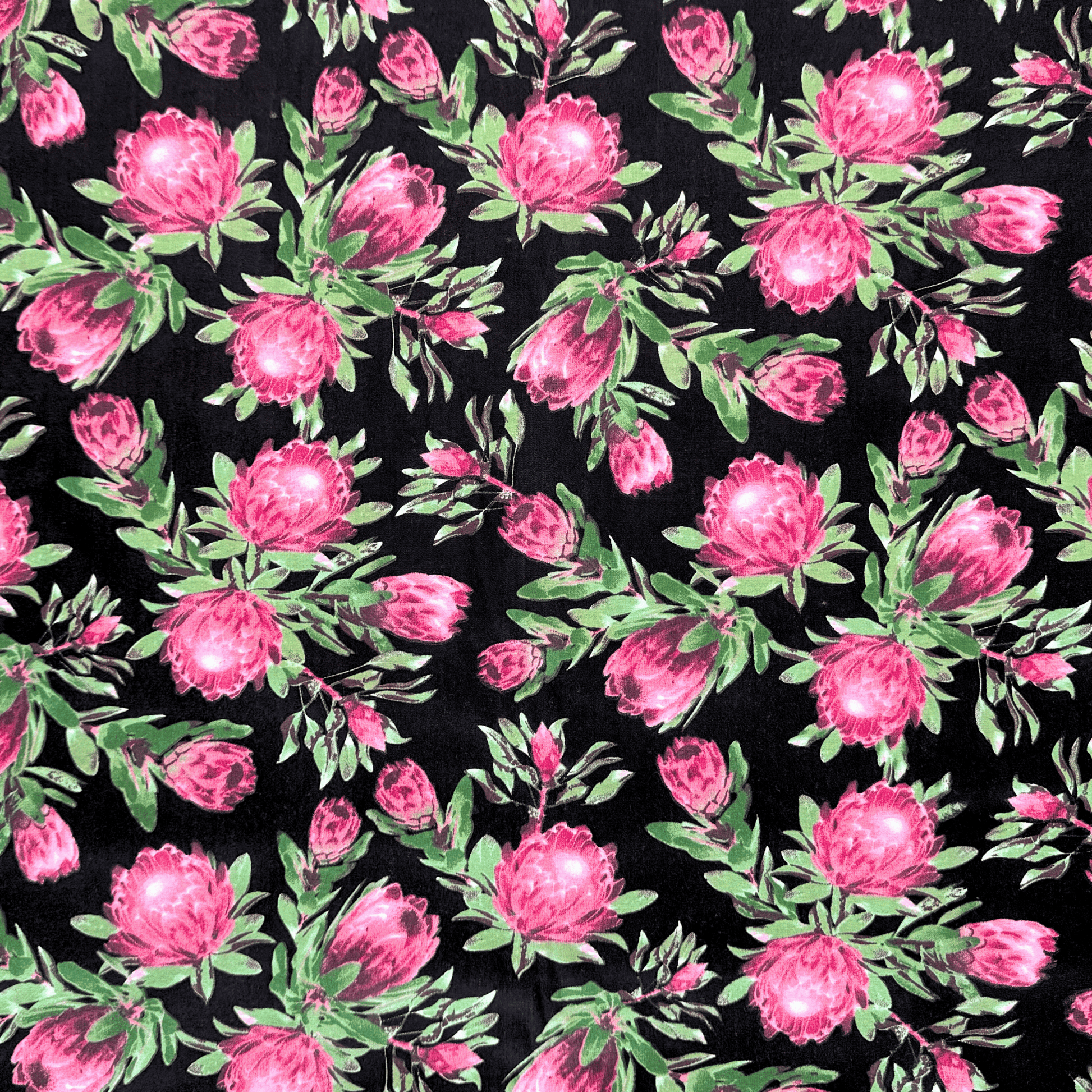 Printed Poly Cotton Protea Power Black - Ragland Fabrics