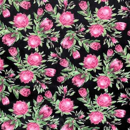 Printed Poly Cotton Protea Power Black - Ragland Fabrics