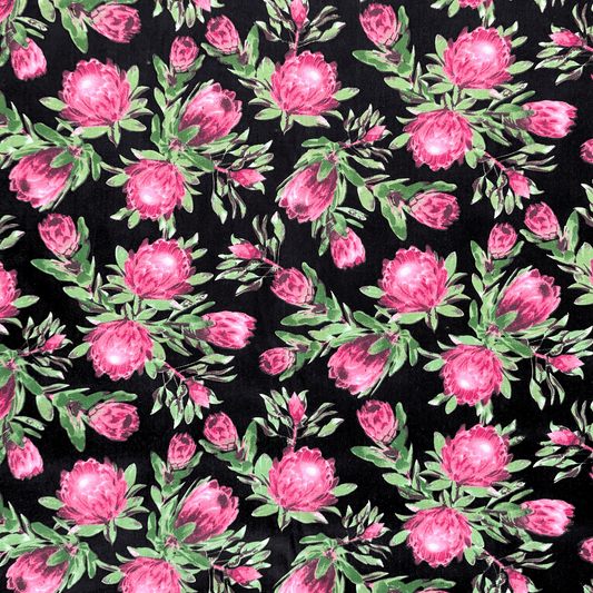 Printed Poly Cotton Protea Power Black - Ragland Fabrics