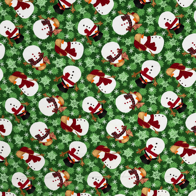 Christmas Printed Mini Matt Snowmen Green - Ragland Fabrics