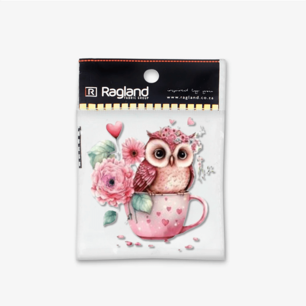 Motif Iron On Badge - Owl In Mug 6.5cmx6.5cm - Ragland Fabrics