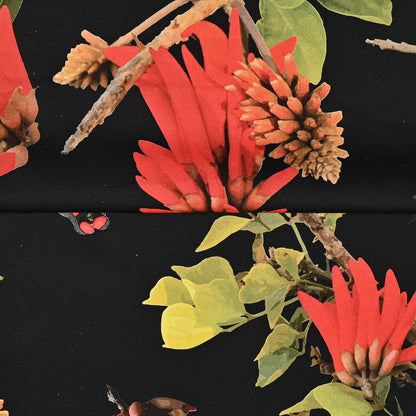 Printed Cotton Linen Red Floral Black