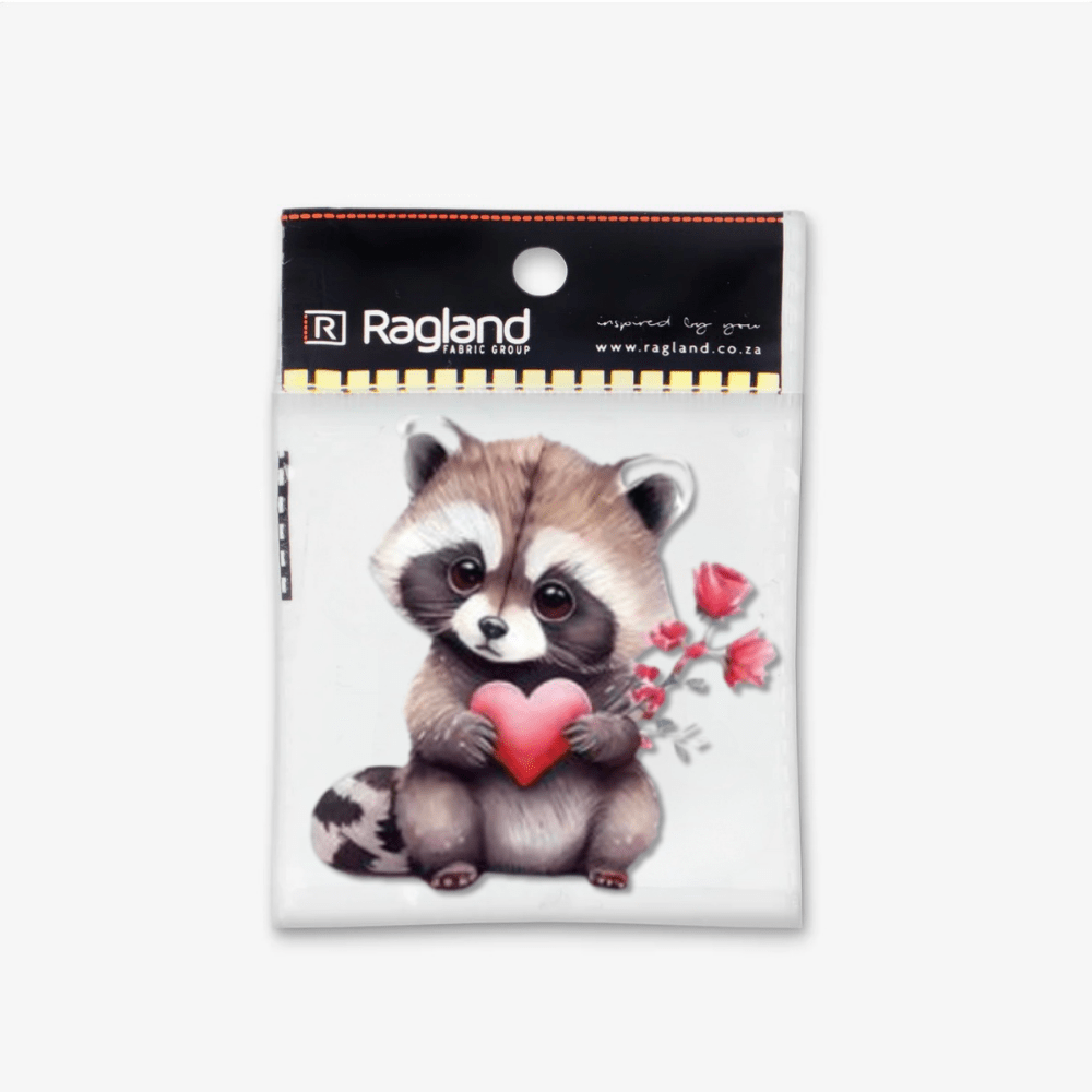 Motif Iron On Badge - Racoon Holding Heart 6.5cmx6.5cm - Ragland Fabrics