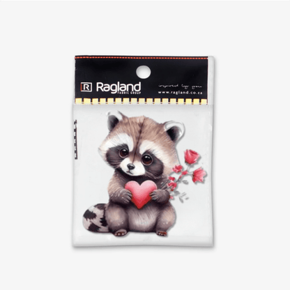 Motif Iron On Badge - Racoon Holding Heart 6.5cmx6.5cm - Ragland Fabrics