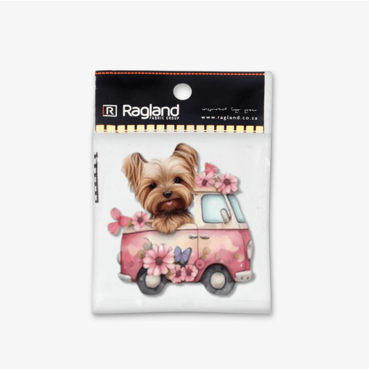 Motif Iron On Badge - Yorkie In Car 6.5cmx6.5cm - Ragland Fabrics