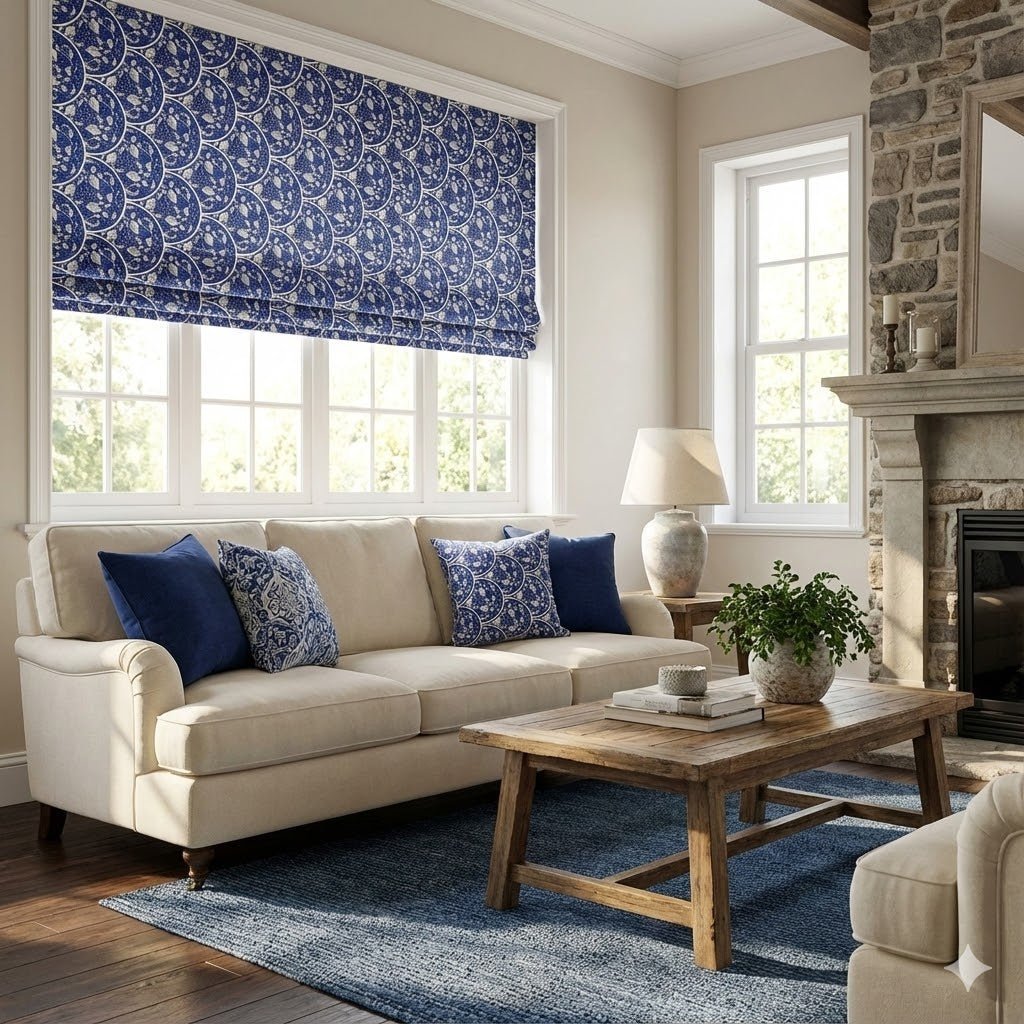 Box Weave Furnishing Blue Plates - Ragland Fabrics