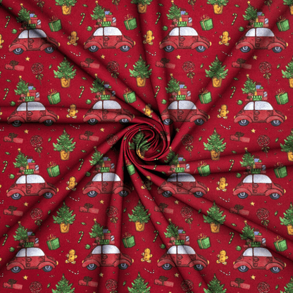 Christmas Printed Mini Matt VW Beetle Red - Ragland Fabrics