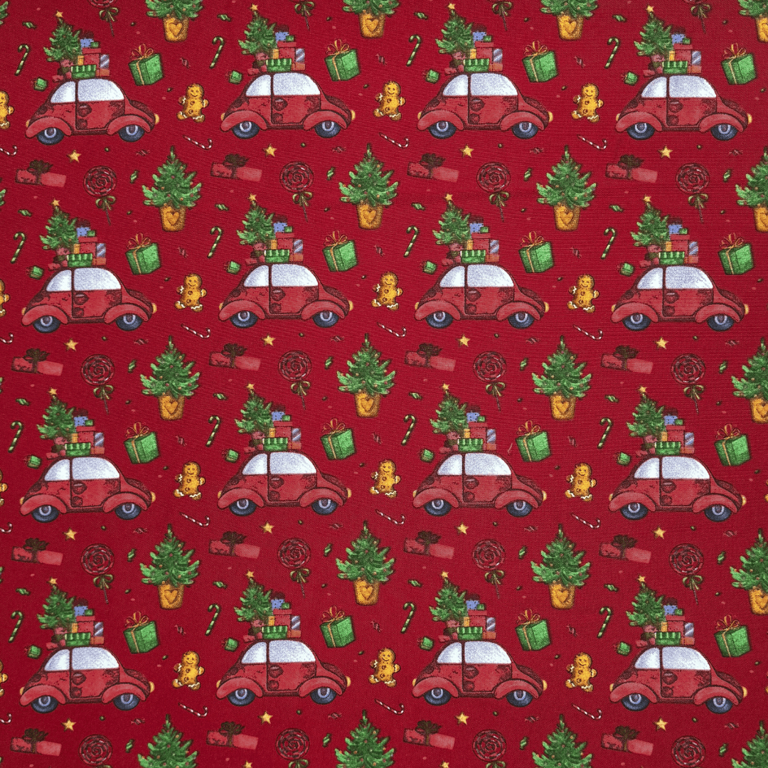 Christmas Printed Mini Matt VW Beetle Red - Ragland Fabrics