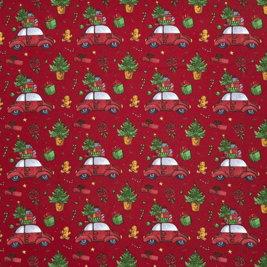 Christmas Printed Mini Matt VW Beetle Red - Ragland Fabrics