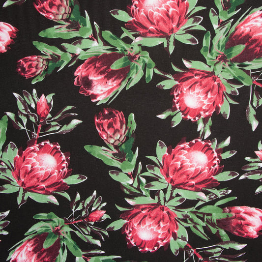 Cotton Canvas Printed Protea Black - Ragland Fabrics