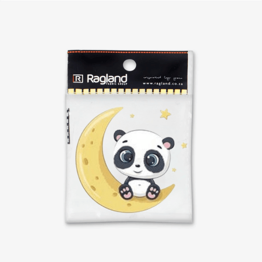 Motif Iron On Badge - Panda On Yellow Moon - Ragland Fabrics