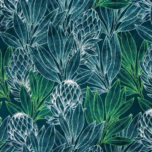 Printed Velvet  Protea Forest Teal 140cm